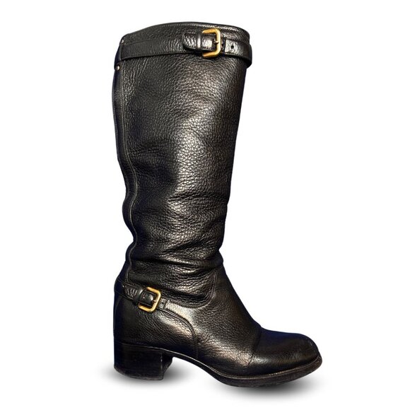 Prada Black Leather Mid-Calf Riding Boots EU 40 / US 9.5 Gold Buckle Detail - Picture 1 of 10